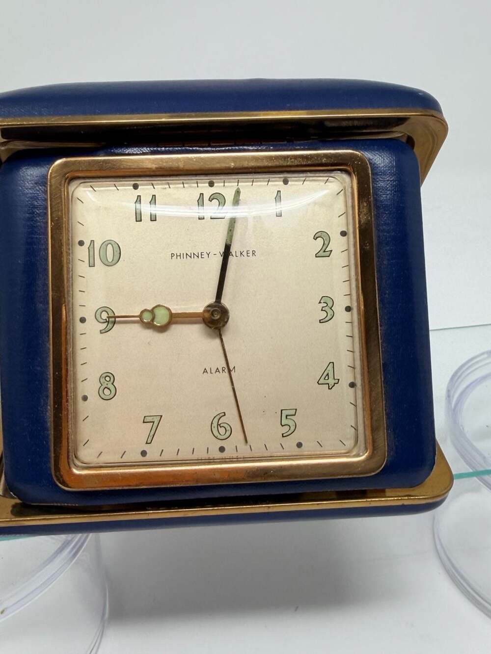 Vintage Phinney Walker Travel Alarm Clock Blue Leather Case